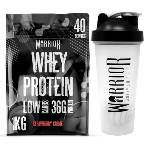 Warrior Whey Protein Powder | High Protein Shake up to 36g for Muscle Growth, Recovery & Lean Muscle | Low Carb, Low Fat, Low Sugar | Gym & Fitness Protein Supplement |Strawberry Crème 1kg + Shaker