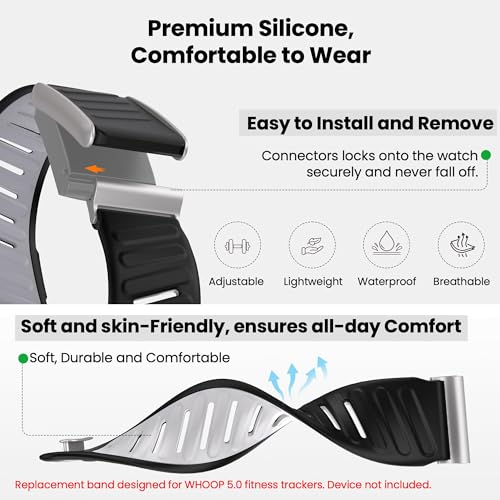 Image of VEMIGON Silicone Sport Band Compatible with Whoop 5.0 One /Peak, Life /MG, Breathable, Adjustable Waterproof Replacement Wristband Strap with Stainless Steel Frame Connector, NOT for Gen 4.0(Band only)