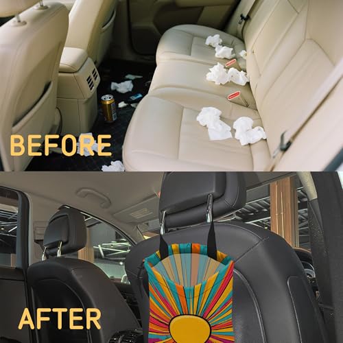 Image of Retro Sunlight Stripes Car Trash Bag, Hanging Drawstring Car Garbage Bag,Canvas Car Back Seat Organizer with Adjustable Buckle for Men and Women