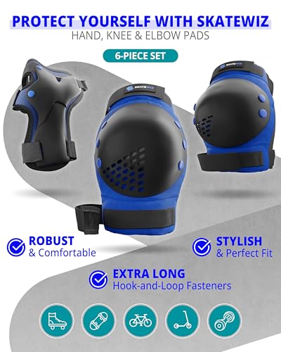 Image of SKATEWIZ Kids Knee Pads and Elbow Pads Set - Wrist Guards for Skateboarding - Smash - Size M /L Blue Black - Skating Protective Gear, Roller Skates, Skateboard - Ice Skating Kids