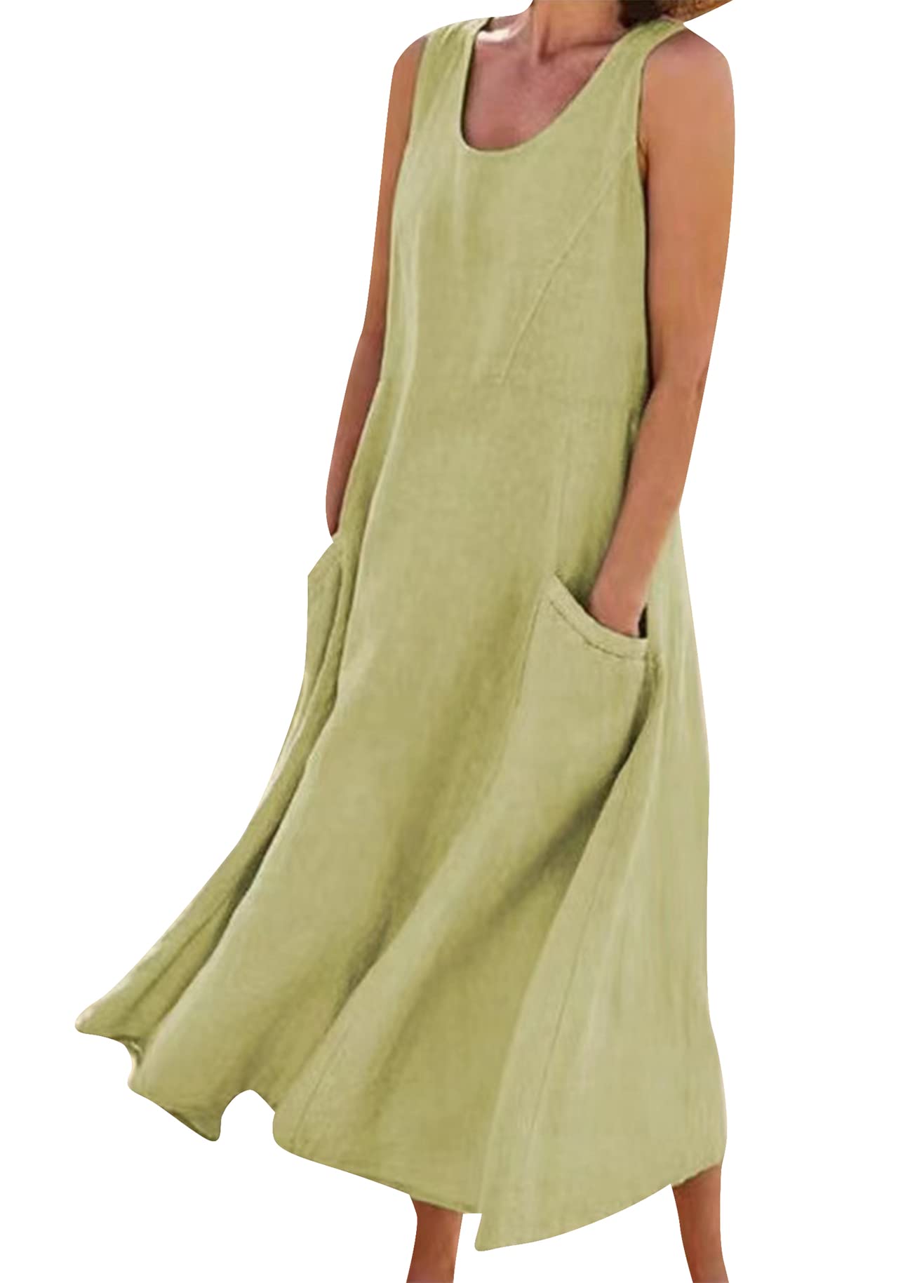 YMING Mujeres Verano Maxi Algodón Lino Tank Vestidos Casual Vestido Suelto Sin Mangas Cuello Redondo Vestido Camisa