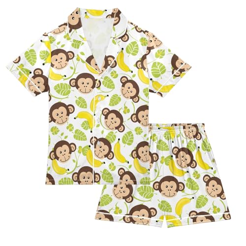 Funny Monkey Face Banana Summer Satin Pajama Set, Cute Button-Down Sleepwear Pj Set for Sleep Wears