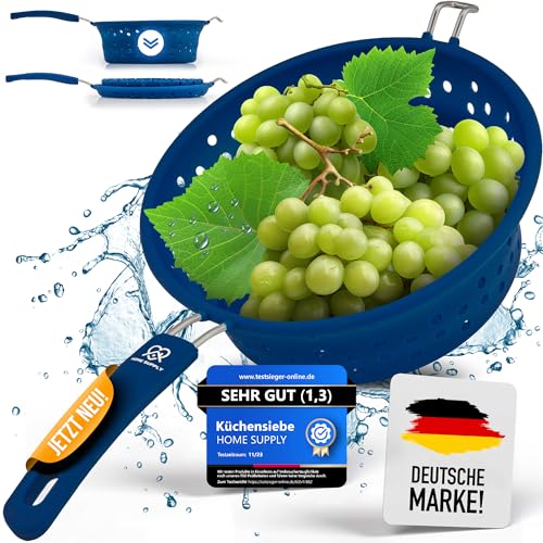 HOME SUPPLY 3-in-1 Faltbares Sieb aus Silikon und rostfreiem Edelstahl, Küchensieb, Nudelsieb, Dampfgar Einsatz, Abtropfsieb, platzsparend, multifunktional, geschirrspülfest, 21cm Marineblau