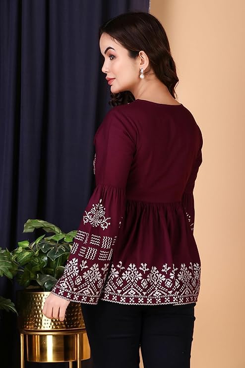 Image of MAHIRA'S Women's Short Kurti, Black Rayon Tunic Top with Embroidered Sleeves, 3 /4 Designer Sleeves
