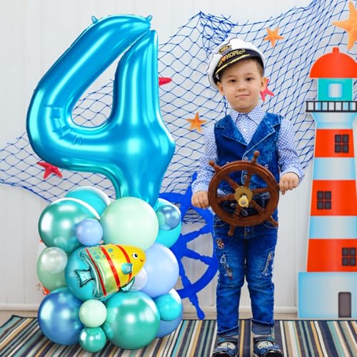 Image of 40 Inch Number 4 Balloon Blue Ocean Under the Sea Number Four Foil Balloons Tower with Shark Bubble Fish for Boys 4th Birthday Party Decor Blue Green Underwater Digital Aluminum Balloons Stack