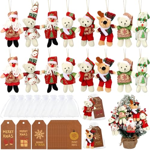 Lenwen 16 Set 5.1 Inch Christmas Mini Plush Bear Gift Stuffed Animal Plush Toy Small Bear Doll Christmas Tree Decorations Stockings with Xmas Gift...
