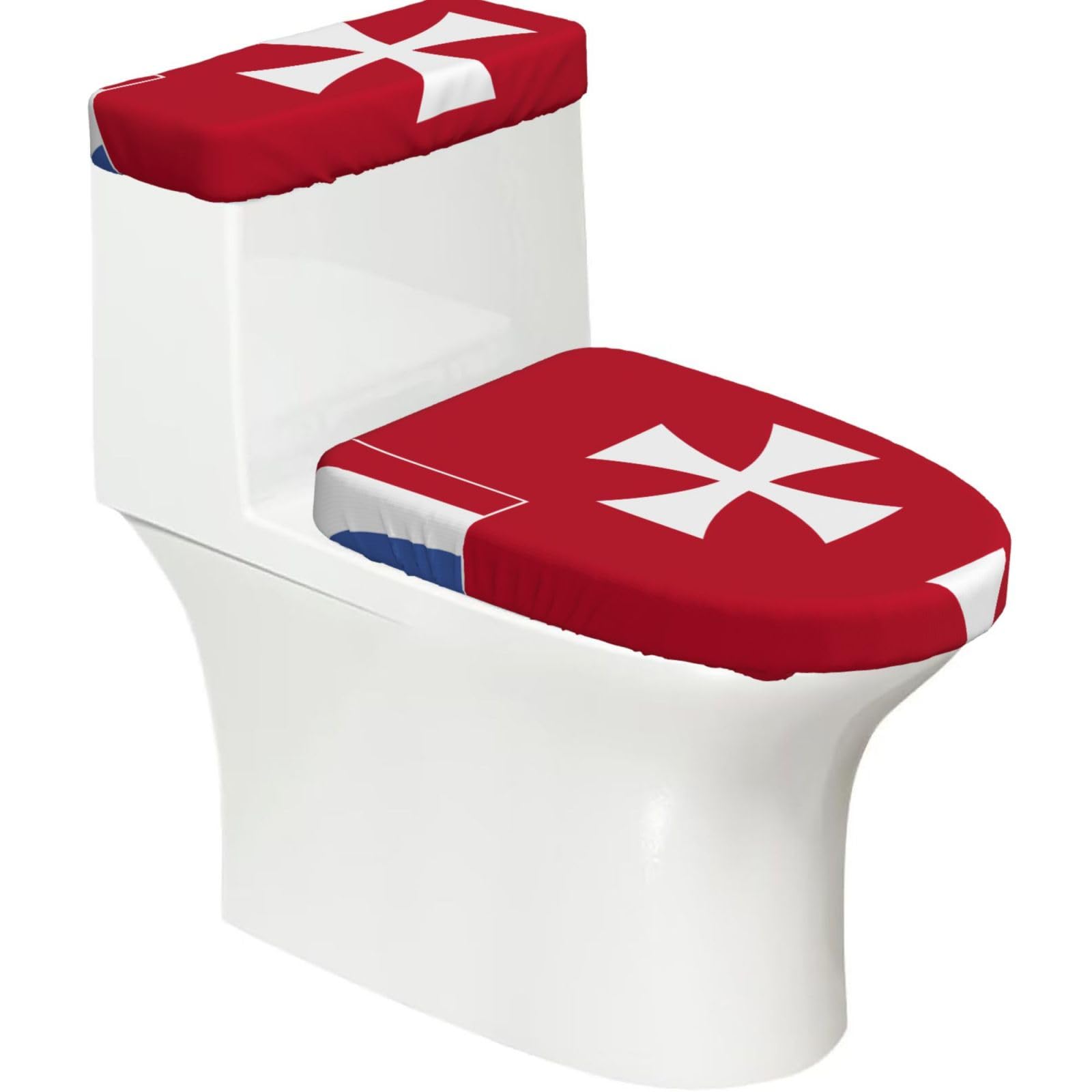 Cntdbu Black Flag Of Wallis And Futuna Islands Elastic Toilet Cover Set Of 2-Stretchy Lid And Tank Covers For Bathroom, Soft Washable U Shape Toilet Decor