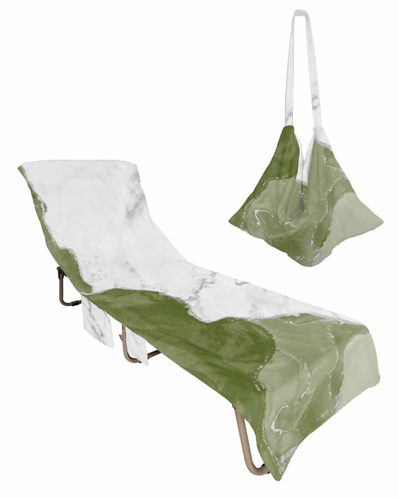 Beach Pool Patio Lounge Chaise Chair Cover Towel With Pockets,Sage Green Marble Absorbent & Quick Dry Microfiber Towel Cover Bag Summer Travel Accessories for Sunbathing Silver Grey White Marbling Ink