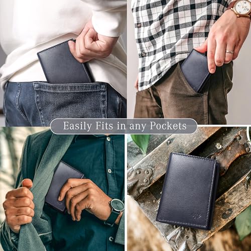 Image of Full Grain Genuine Leather Wallet for Men, Handcrafted Travel Wallet, Minimalist Slim Trifold Wallet, Anti-Theft RFID Blocking Wallet - Tri-fold - Navy