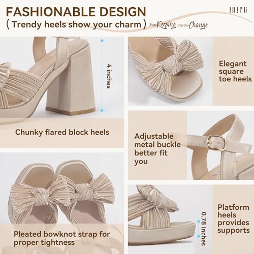 IDIFU IN4 Platform Chunky Block High Bow Heels Square Open Toe Slingback Heeled Sandals Bride Bridesmaid Wedding Bridal Prom Dress Shoes Comfortable Dressy Cute Ankle Strap Thick Heels4