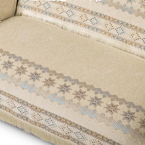 Image of Elegant Woven Beige Sofa Cover - Soft Chenille Traditional Pattern with Lace Style | L-Shape Sectional Seat Protector for Living Room | Durable & Stylish Slipcover 5 Seater Sofa Cover