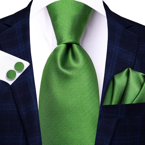 Image of Hi-Tie Men 63inches Tie Set Extra Long Necktie Paisley Tie Pocket Suqare Cufflinks Big and Tall Men Tie,Grass Green