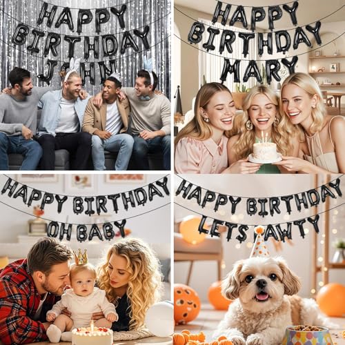 Image of 65 Pcs Black Happy Birthday Balloons, 2 Sets A-Z Black Letters Foil Balloons,16 Inch Personalized Name Happy Birthday Banners for Wedding Baby Shower Anniversary Party Decorations