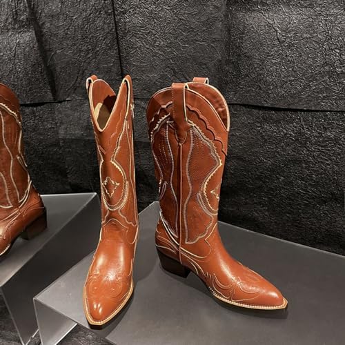 Vertundy Women's Cowboy Knee High Boots Retro Embroidery Western Cowgirl Boots Pointy Toe Wide Mid-calf Shoes with Chunky Heel | Image 1