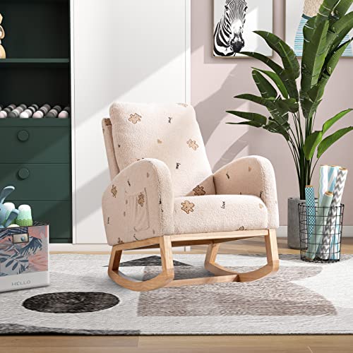 Image of Setawix Teddy Rocking Chair for Nursery, Mid Century Modern Accent Rocker Armchair with Side Pocket, Upholstered High Back Wooden Rocking Chair with Footrest for Living Room Bedroom (Beige Off White)