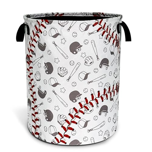 Image of Baseball Laundry Basket Texture Pattern Foldable Oxford Cloth Funny Tote Bag Laundry Hamper Clothes Storage Bucket Organizer For Bathroom/Laundry Storage/Bedroom 18.9x16.5 Inch