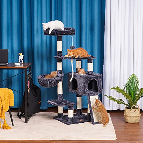 Heybly Cat Tree Cat Tower for Indoor Cats Multi-Level Cat Furniture Condo with Feeding Bowl and Scratching Board Smoky… - Image 6