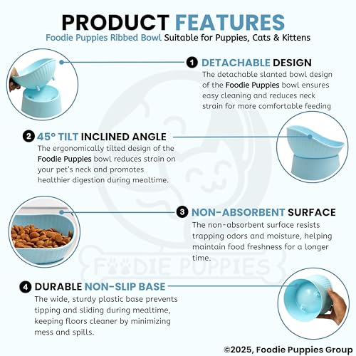 Image of Foodie Puppies Pet Elevated Raised Bowl for Cats, Kittens, and Puppies - (Ribbed Bowl, Blue) | 45 Degree Tilted | Cat Food and Water Feeding Bowl | Anti Vomiting, Stress-Free, Durable