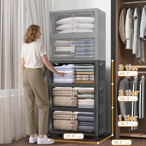 Image of UAMFURI Extra Large Stackable Storage Bins with Lids & Wheels, 360QT-120QT /30GAL*3Pack Foldable Collapsible Closet Organizers Storage Cabinet with Doors for Bedroom Dorm