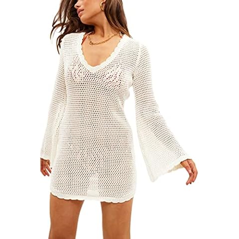 NUFIWI Backless Long Sleeve Hollow Out Mini Bodycon Dress Slim Fit Knitted Short Dress See Trough Striped Sexy Party Dress, A Crochet White, Small Cover