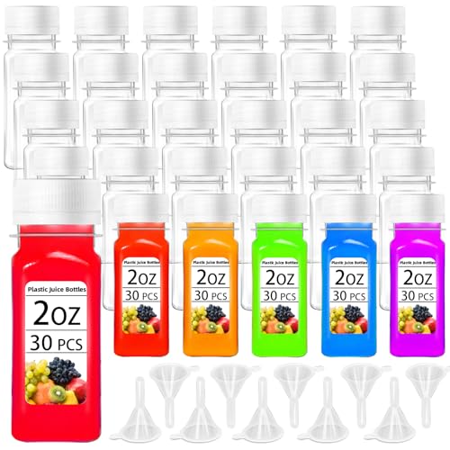 30 Pcs 2oz Small Plastic Shot Bottles with White Caps Reusable Clear Juice Bottles Empty Plastic Containers with 10 Funnels for Ginger Shots Liquids Beverages