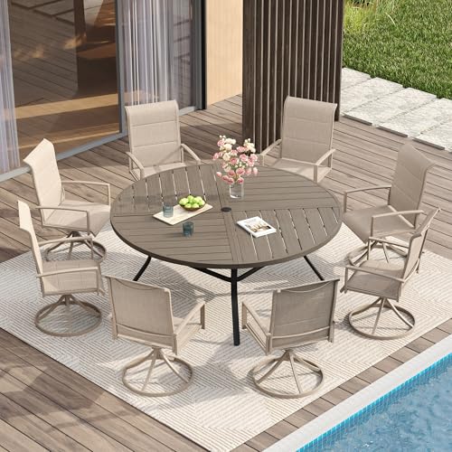 Image of VICLLAX Round Patio Table with Adjustable Umbrella Hole for 8, All Weather Metal Outdoor Dining Table for Lawn Garden, 59.8 inch Outdoor Coffee Table, Grey Wood-Like Tabletop