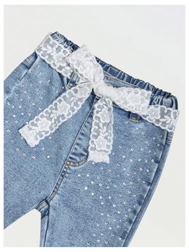 GORGLITTER Girl's Rhinestones Flare Jeans Lace Bow Elastic High Waist Jeggings Bell Bottom Denim Pants3