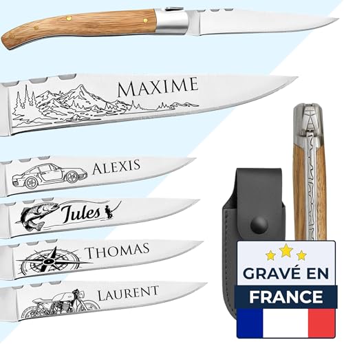 KDO MAGIC Couteau personnalisé - Manche en frêne - Cadeau Fête des pères - Cadeau Homme, papa, papy - Couteau personnalisable - Idée cadeau Homme - Lame...