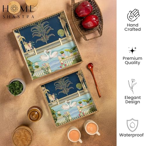 Image of Wooden Serving Tray with Gold Engraving | Set of 2 | Size : 12 x 12 inch & 10 x 10 inch | Enamel Coated Waterproof | Square Trays | Decorative Trays | (Swan Square Trays Set)