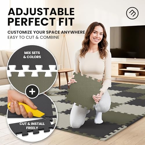 Image of bemaxx Gym Mats Set - 18 pcs EVA Interlocking Foam Floor Tiles (12.6 inchx12.6 inchx0.4 inch) 18sqft Protective Gym Flooring Sports Home Workout Exercise Mats Puzzle Garage Fitness Play-Room Pool Treadmill Bike