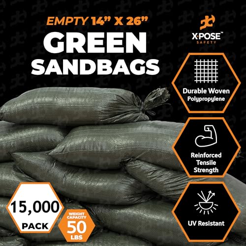 Image of Xpose Safety Heavy Duty Sand Bags with Tie Strings - Empty Woven Polypropylene Sandbags for Hurricane Flood Protection, 50 lb Capacity, 14 inch x 26 inch, Green, Bulk Full Pallet Pack of 15000