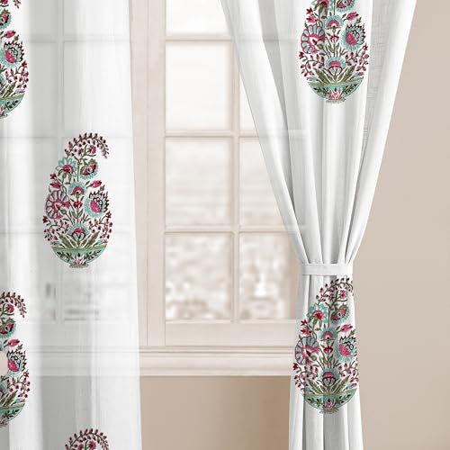 Image of LINENWALAS Printed Decorative Cotton Sheer Curtains 5 Feet Long Set of 2 Panel, Grommet Hanging, Paisley Bloom Curtains for Children Room, Living Room, Home Decor (L-8 x W-4.5 Feet)