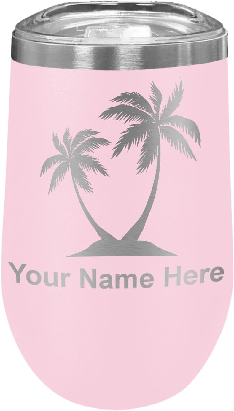 LaserGram 16oz Double Wall Stainless Steel Wine Glass Tumbler, Palm Trees, Personalized Engraving Included (Coral)