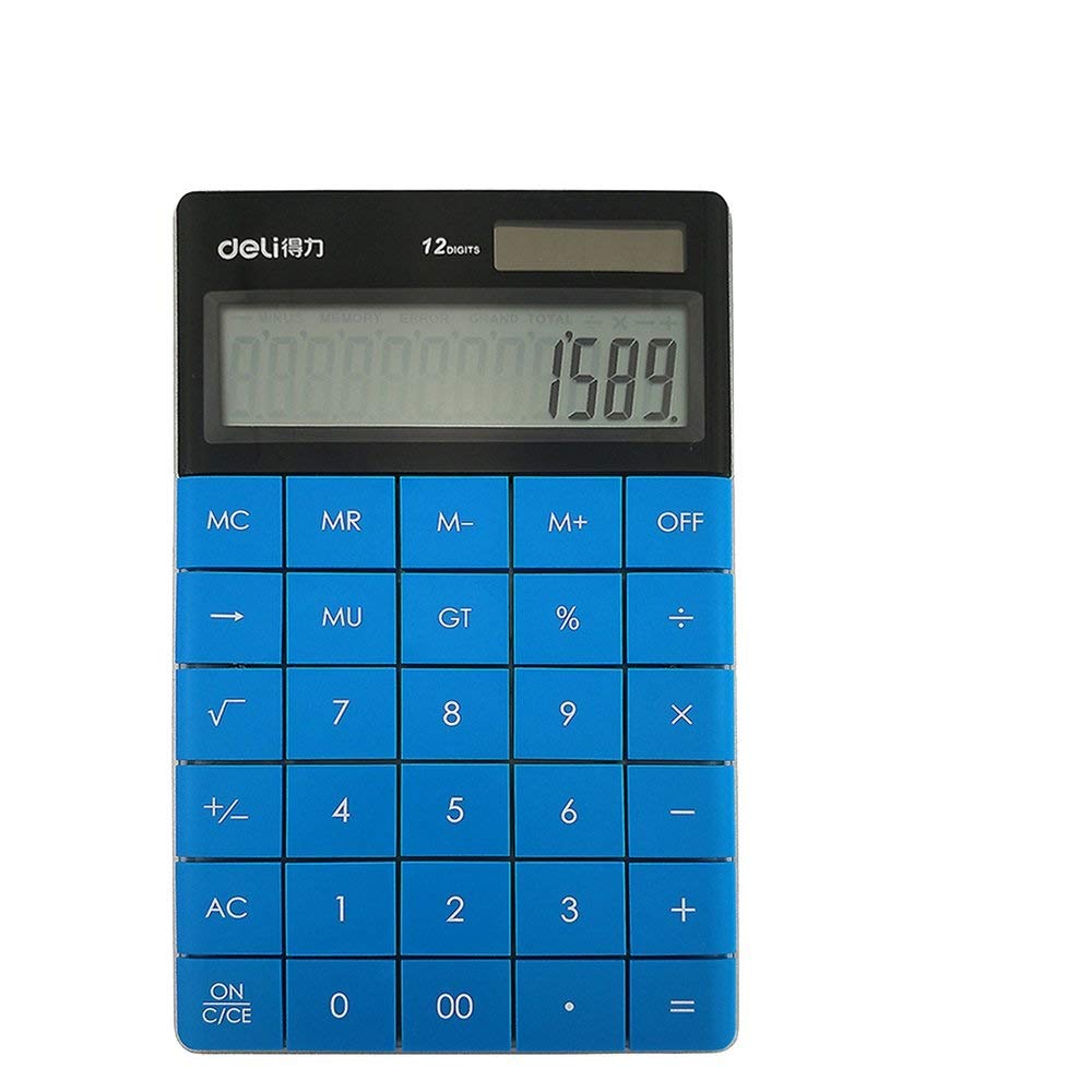 Deli Dual power electronic calculator solar and battery powered 12 digits No.1589 (Blue)