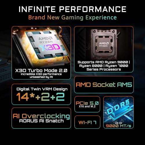 Image of GIGABYTE X870E Eagle X3D WF7 AMD AM5 ATX Motherboard, Supports AMD Ryzen 9000 /8000 /7000 Series, DDR5, 16+2+2 Power Phase, 4X M.2, PCIe 5.0, USB4 Type-C, WIFI7, 5 GbE, PCIe EZ-Latch, 5-Year Warranty