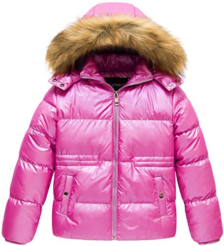 CREATMO US Girls' Shiny Puffer Coat Midlength Quilted Sherpa Lined jackets For kid Rose Red 10-12