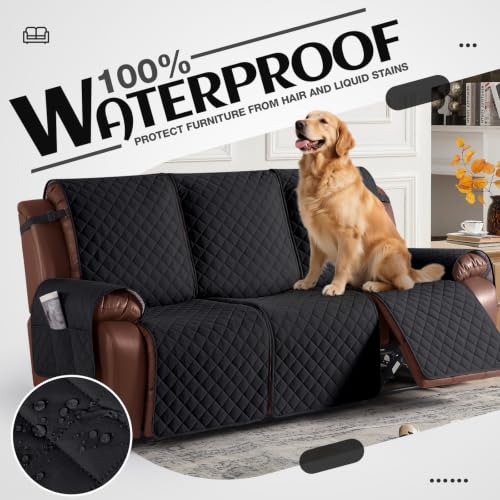 Image of KinCam Recliner Sofa Covers for 3 Seat, 100% Waterproof Reclining Couch Covers, Non-Slip Recliner Couch Cover Furniture Protector with Elastic Straps for Pets, Kids, Black