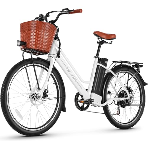 ANCHEER 26' E-Bike für Erwachsene, 7 Gang Elektrofahrrad mit Abnehmbarem 36V 10.2Ah Akku, 25 km/h und 70–100km Reichweite E-Bike mit Korb für Städtische Pendler, Männer und Damen Weiß City Ebike