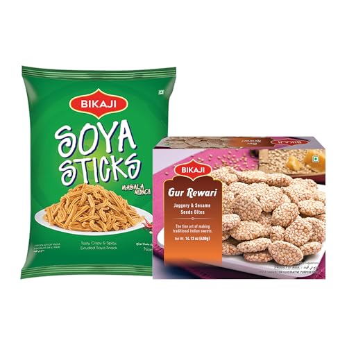 Bikaji Gur Rewari / Rewadi 400G & Soya Sticks Masala Munch 200G Combo | Ready to Eat Indian Namkeen | Crunchy Bar Snack, Tea-Time Munchies & Party Mix | Authentic Munching Pack | Authentic indian