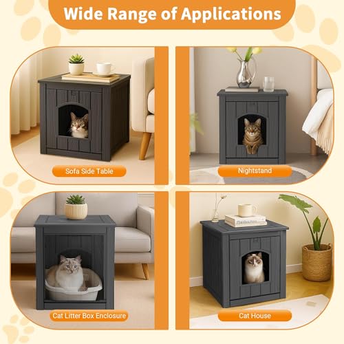 Image of Cat Litter Box Enclosure, Plastic Hidden Litter Box Side Table with Openable Front Door, Cat Box Enclosure Cabinet for Indoor & Outdoor Use, Weatherproof, Easy to Clean & Assemble, Black