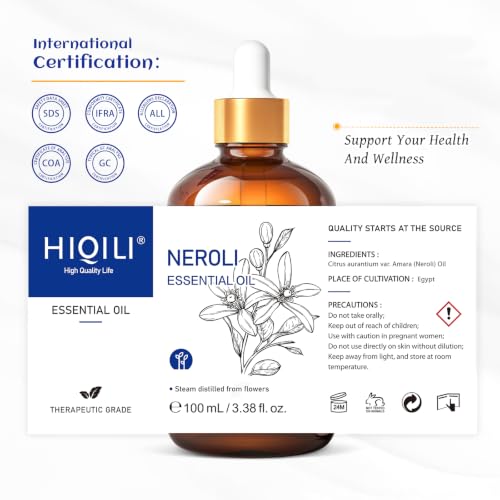Image of HIQILI Neroli Essential Oil for Diffuser, Aromatherapy and Skin Care | Relaxing & Calming, for Diffuser, Massage & DIY, Travel Bottle Included -100mL / 3.38 fl.oz
