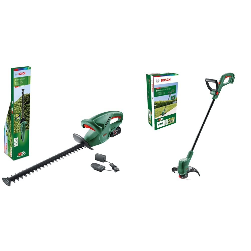 Bosch Akku Heckenschere EasyHedgeCut 18-45 (1 Akku 2,0 Ah, 18-Volt-System, Messerlänge 45 cm) & 06008C1C04 Bosch Rasentrimmer EasyGrassCut 18V-26 (ohne Akku, 18 Volt System, 26 cm), Klassisch grün