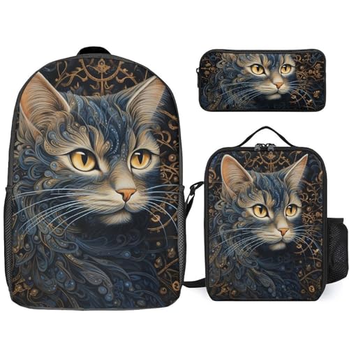 Sac à dos isotherme 3 pièces léger motif chat pour repas et cours
