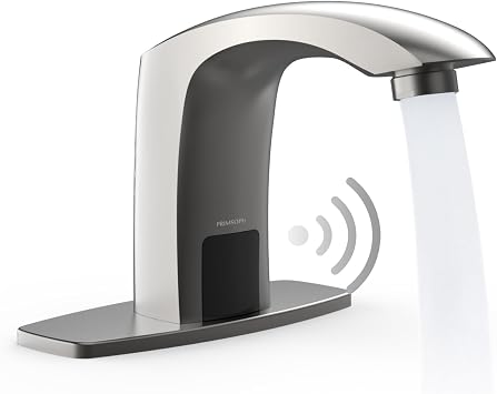PRIMSOPH Automatic Motion Sensor Hands Free Electronic Infrared Smart Commercial Brushed Nickel Touchless Bathroom Sink Faucet with Cover Plate Temperature Mixer Battery or Plug-in Powered