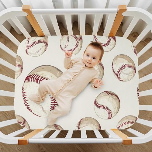 Image of Balls Baseballs Vintage Crib Sheets Soft Breathable Fitted Baby Crib Sheets Mattress Cover for Girls Boys, 52 inch x 28 inch x 9 inch