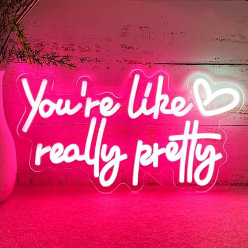 KUUNEON Youre Like Really Pretty Neon Sign Your Like Really Pretty Neon Light with Heart Wall Decor for Teen Girls Bedroom 16x8 Inch Preppy Pink LED Signs for Women Room Decor - 100 000H Lifespan