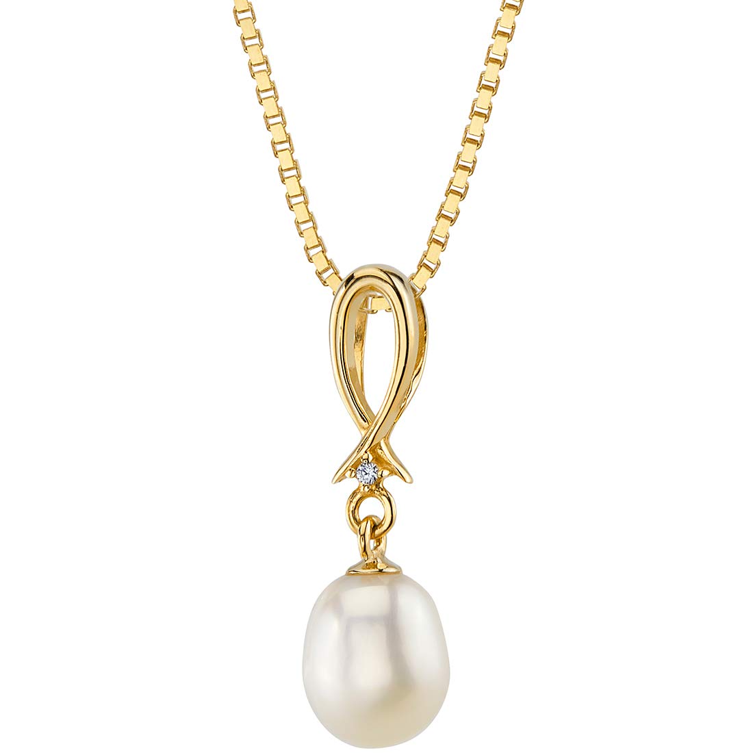 PEORA 14K Yellow Gold Freshwater Cultured White Pearl Drop Pendant, Baroque Oval Shape, 8x6mm Open Infinity Dangling Solitaire