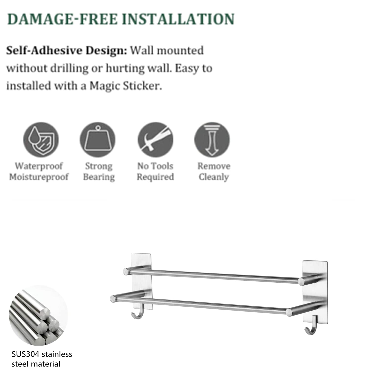 Porta Asciugamani Adesivo Senza Fori - 2 Aste In Acciaio Inox 304 Con Ganci Per Bagno E Cucina - Foto 14