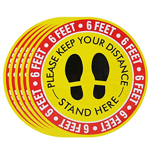 COPACHI Social Distancing Floor Decal Stickers, 6 Feet Notice Floor Sign for Queues, Lines, Anti-Slip Floor Sign Marker, Commercial Grade, 11\" Round (Yellow-Red, 5Pack)