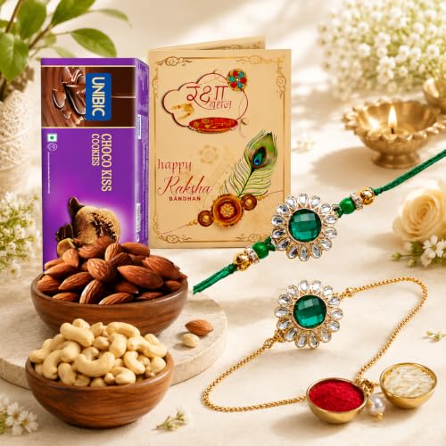 Image of AWANI TRENDS Rakhi Gift For Brother Hamper with Dry Fruits | 1 Green Rakhi and 1 Braclet | 50g Almonds | 50g Cashews | Greeting Card & Roli Chawal | Premium Raksha Bandhan Gift